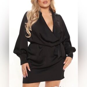 Cowl neck tie waist black mini dress